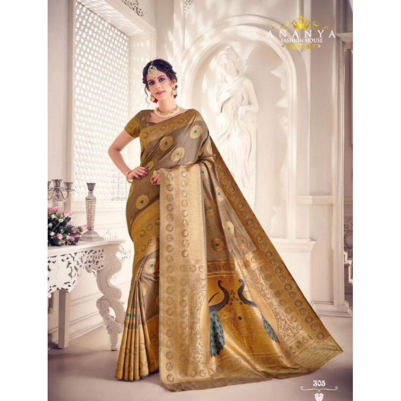 Flamboyant Gold Silk Saree with Brown Blouse