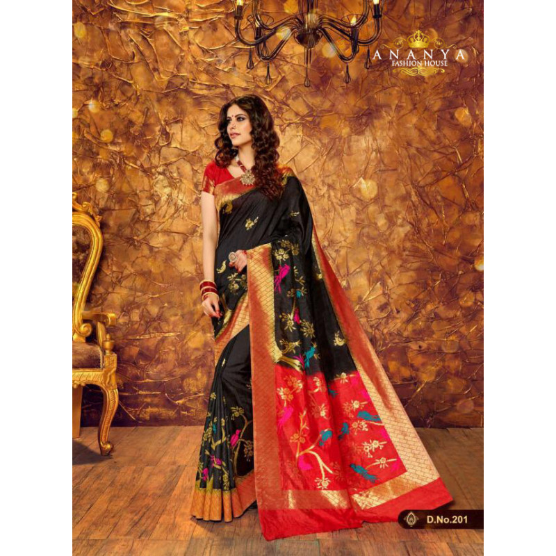 Divine Black Silk Saree with Red Blouse