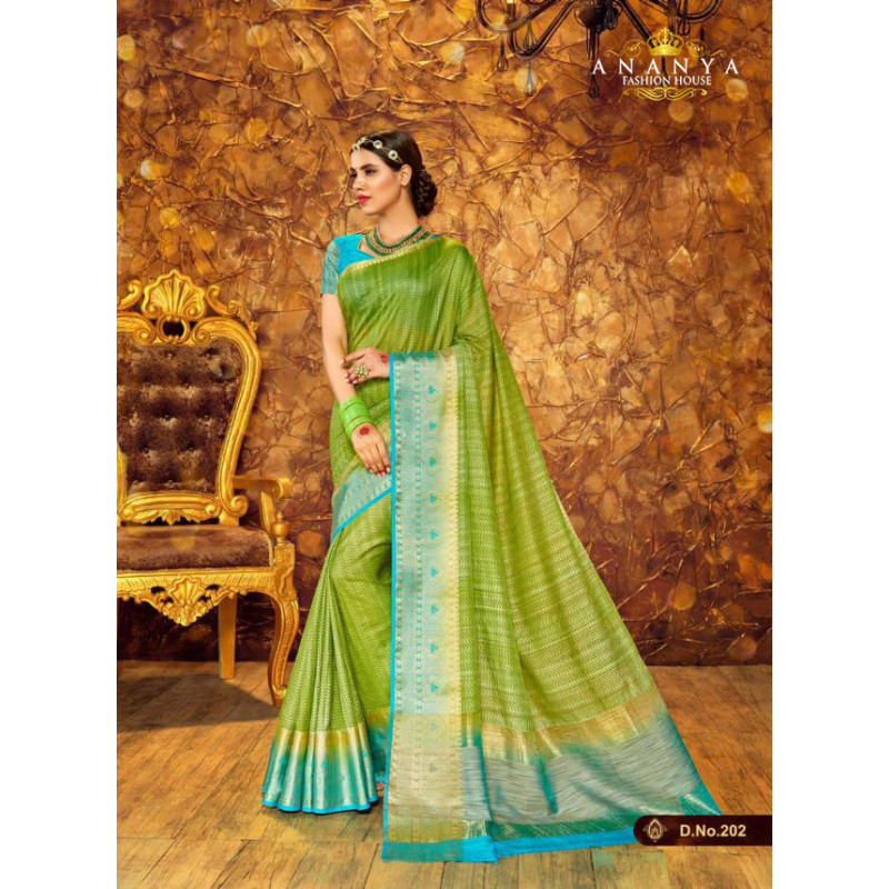 Gorgeous Green- Blue Silk Saree with Blue Blouse