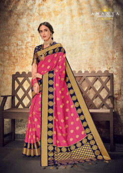 Divine Pink Silk Saree with Dark Blue Blouse