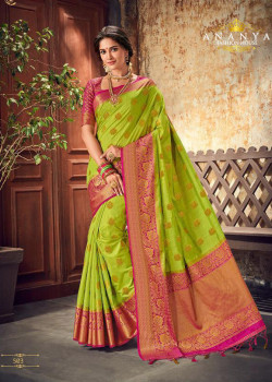 Melodic Green Silk Saree with Magenta Blouse