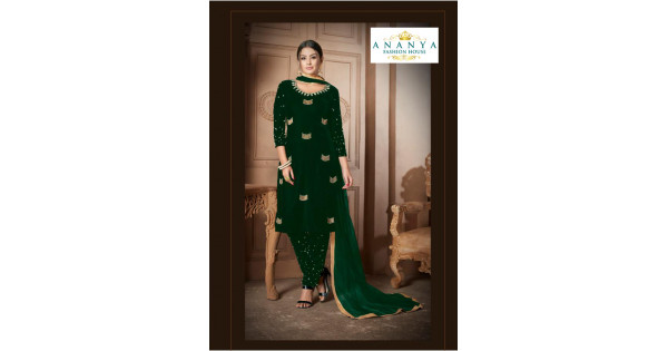 Bottle 2024 Green Velvet Patiyala Salwar Kameez with embroidery