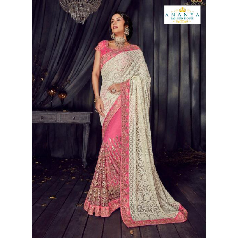 Incredible Pink- White Luknowi Saree with Pink Blouse