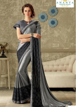Adorable Silver Lycra Saree with Grey Blouse