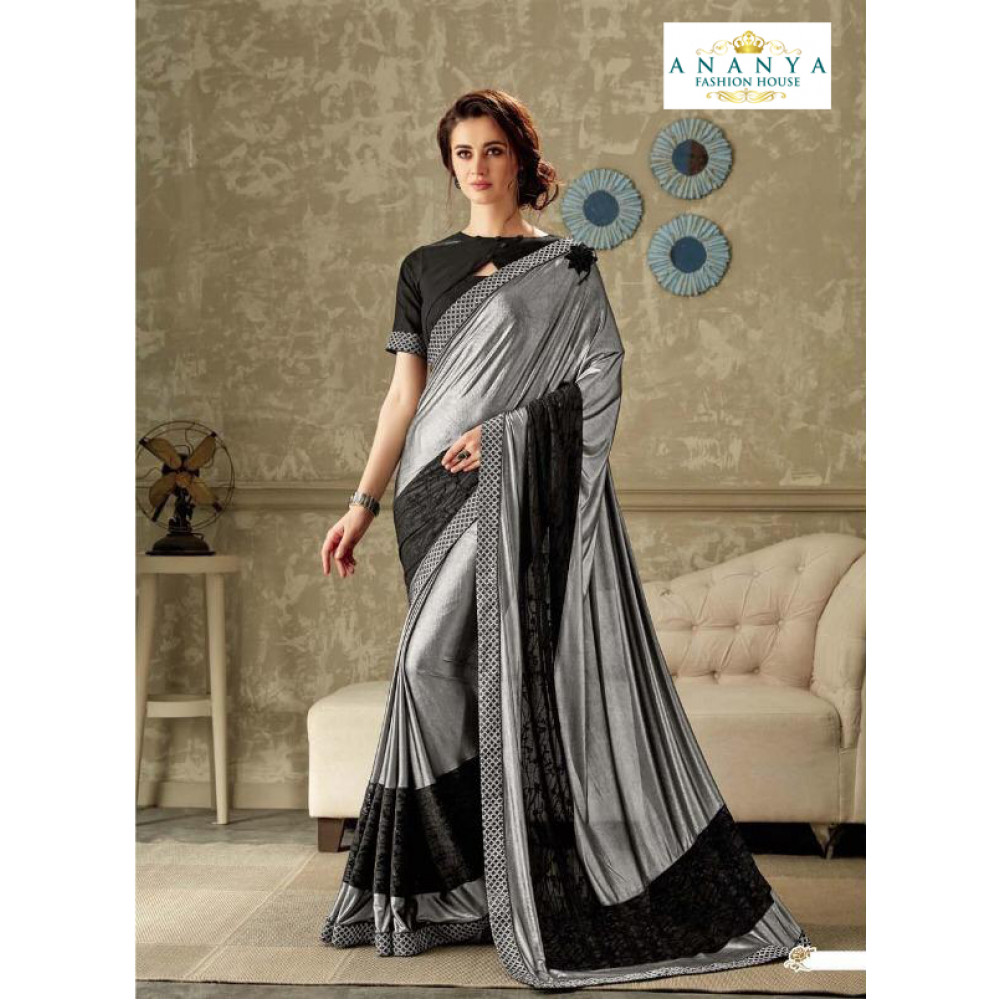 Charming Silver- Black Lycra Saree with Black Blouse