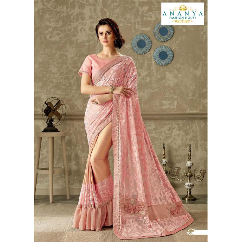 Dazzling Pink Lycra- Net Saree with Pink Blouse