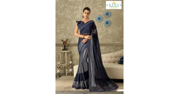 Melodic Grey Silk Saree with Dark Blue Blouse