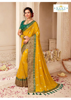 Dazzling Mustard Banarasi Silk Saree with Rama Green Blouse