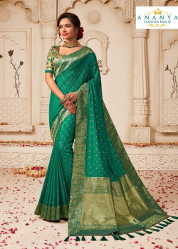 Divine Sea Green Banarasi Silk Saree with Off White Blouse