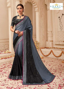 Enigmatic Grey- Black Banarasi Silk Saree with Black Blouse