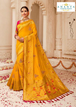 Exotic Yellow Banarasi Silk Saree with Magenta Blouse