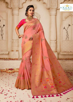 Gorgeous Light Pink Banarasi Silk Saree with Magenta Blouse