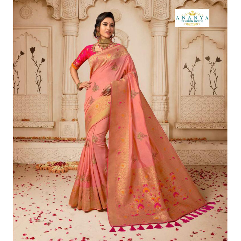 Gorgeous Light Pink Banarasi Silk Saree with Magenta Blouse