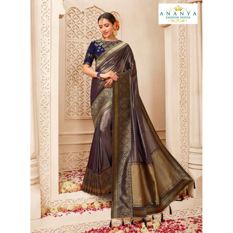 Magnificient Metallic Purple Banarasi Silk Saree with Dark Blue Blouse