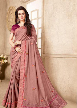 Adorable Pastel Pink Silk Saree with Dark Purple Blouse