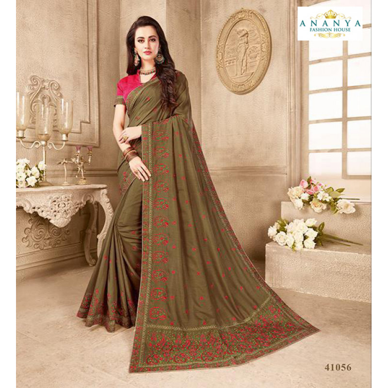 Incredible Olive Green Silk Saree with Magenta Blouse