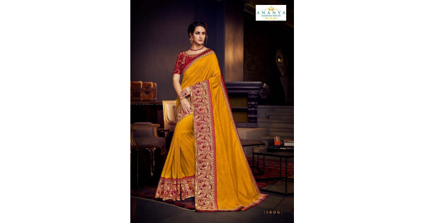 Mustard Yellow & Maroon Coloured Soft Lichi Silk Jaqucard work Women P –  Royskart