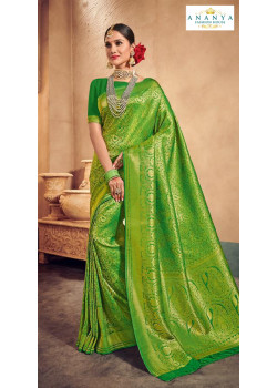 Enigmatic Green Brocade Silk Saree with Dark Green Blouse