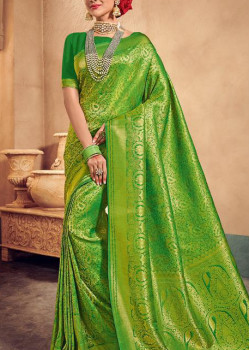 Enigmatic Green Brocade Silk Saree with Dark Green Blouse