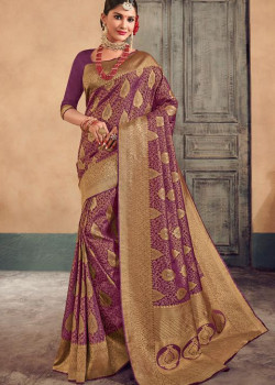 Exotic Purple- Gold Brocade Silk Saree with Purple Blouse