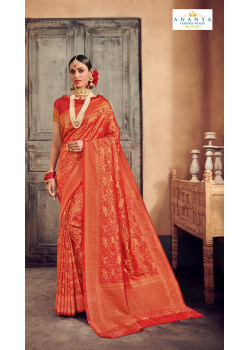 Magnificient Red- Gold Brocade Silk Saree with Red Blouse