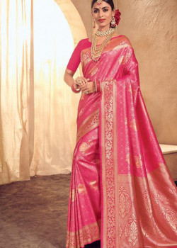 Trendy Pink Brocade Silk Saree with Pink Blouse
