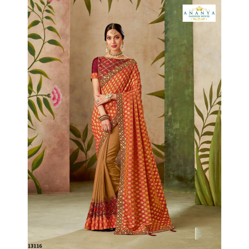 Adorable Red- Beige Silk Saree with Wine Blouse