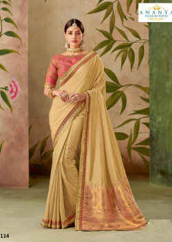 Melodic Beige Silk Saree with Pink Blouse