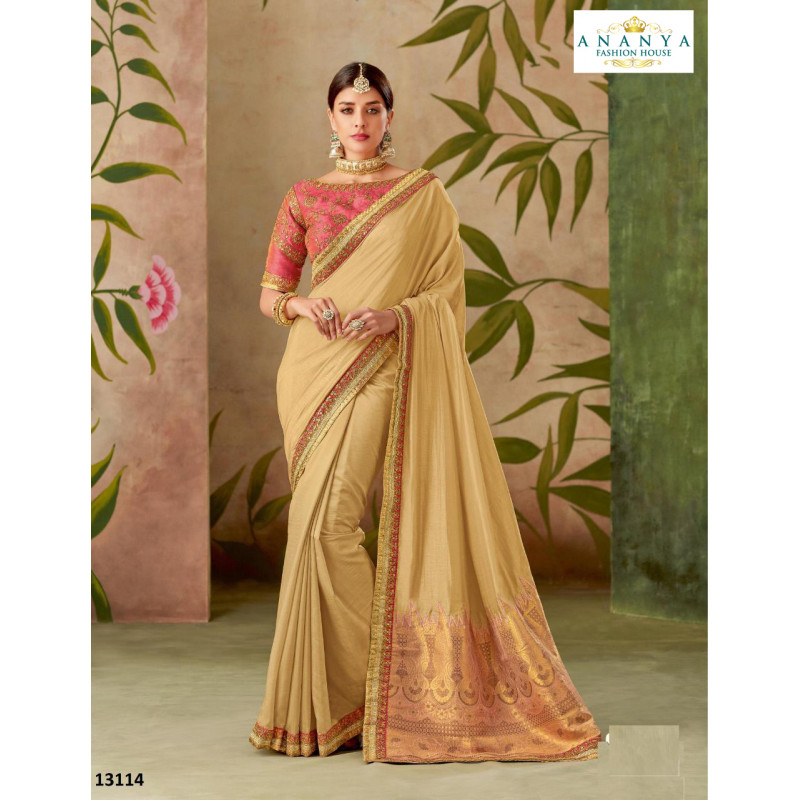 Melodic Beige Silk Saree with Pink Blouse