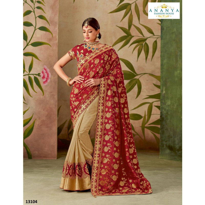 Melodic Cream- Red Silk Saree with Red Blouse