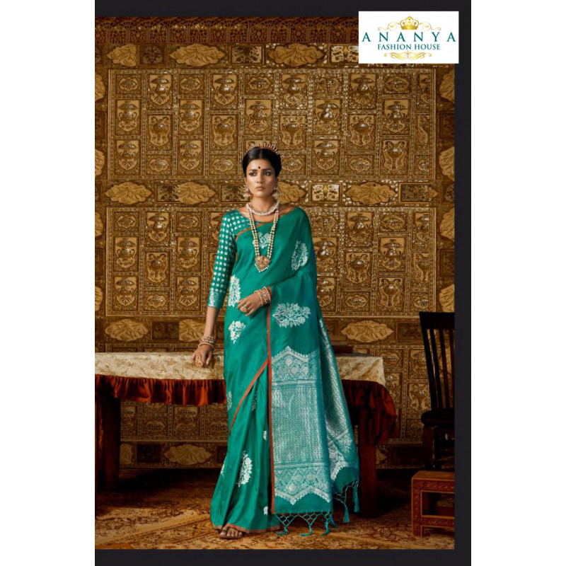 Charming Rama Green Silk Saree with Rama Green Blouse