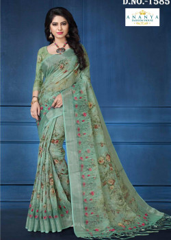 Enigmatic Pastel Green Linen Saree with Pastel Green Blouse