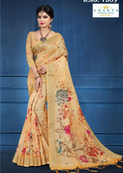 Flamboyant Light Yellow Linen Saree with Light Yellow Blouse