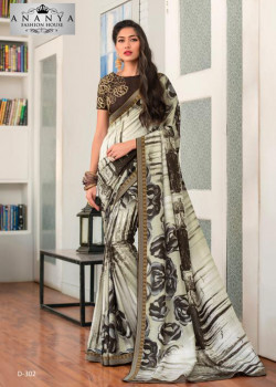 Exotic White- Black Silk- Jacquard Saree with Brown Blouse