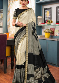 Incredible Cream- Black Silk- Jacquard Saree with Black Blouse