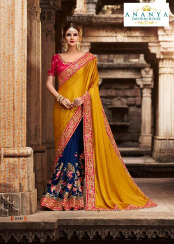 Gorgeous Mustard- Blue Silk modal Saree with Magenta Blouse