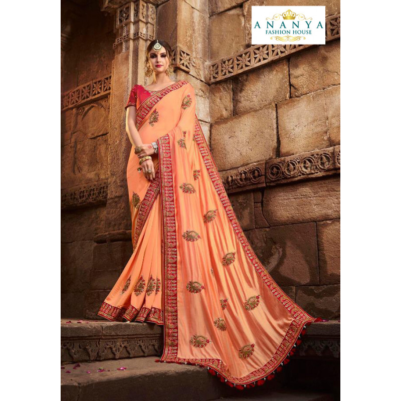 Melodic Peach Silk modal Saree with Red Blouse