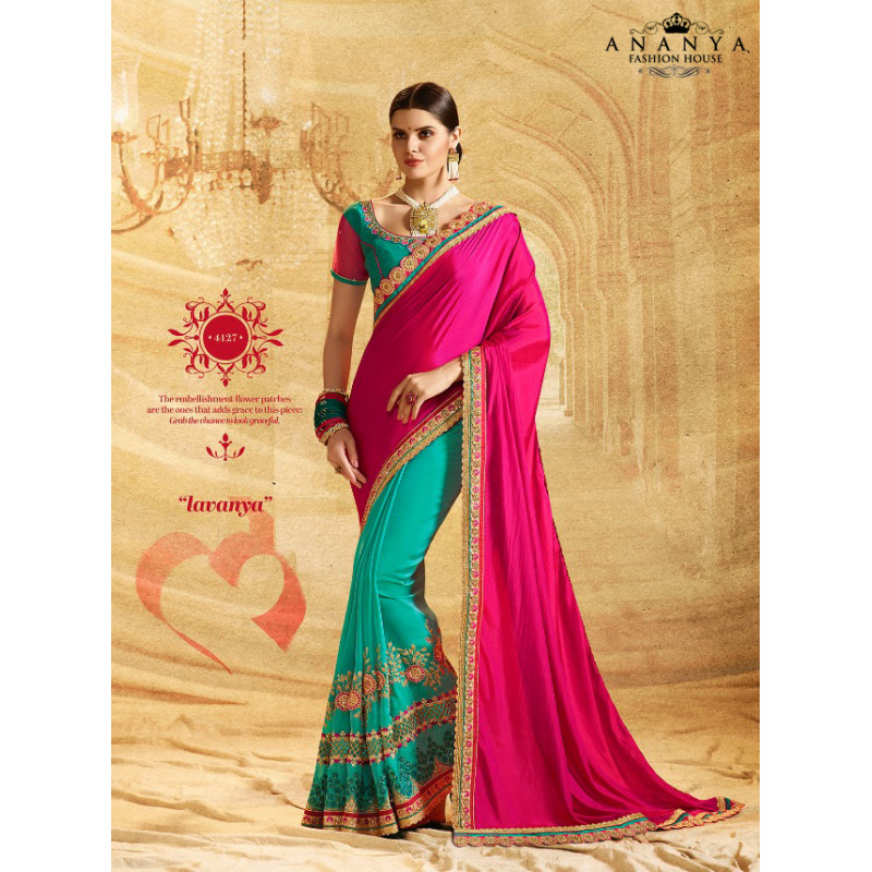 Charming Light Blue- Pink Georgette Saree with Light Blue Blouse