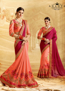 Flamboyant Peach- Wine Jacquard Silk Saree with Peach Blouse