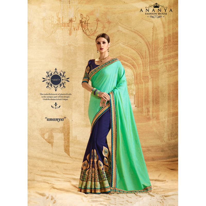 Incredible Light Green- Navy Blue Chiffon- Georgette Saree with Dark Blue Blouse