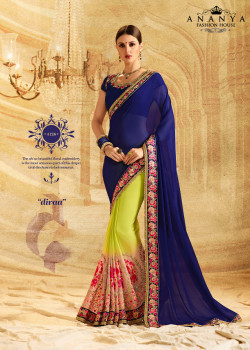 Melodic Lime Green- Dark Blue Georgette Saree with Dark Blue Blouse