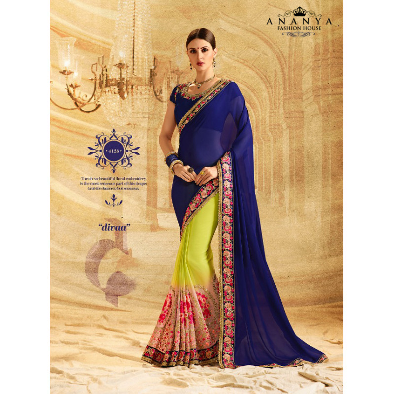 Melodic Lime Green- Dark Blue Georgette Saree with Dark Blue Blouse