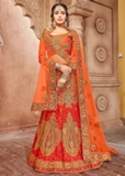 Charming Orange color Pure Silk Wedding Lehenga