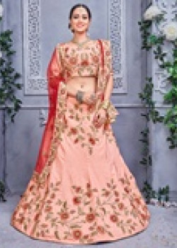 Plushy Peach color Pure Silk Designer Lehenga