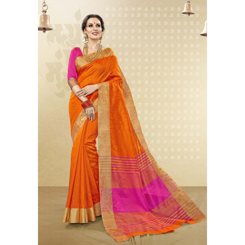 Charming Orange Cotton Handloom Silk Saree with Pink Blouse