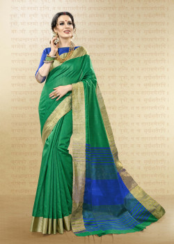 Dazzling Green Cotton Handloom Silk Saree with Blue Blouse