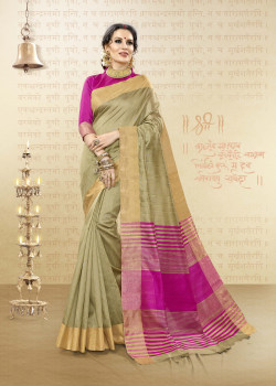 Divine Beige Cotton Handloom Silk Saree with Pink Blouse