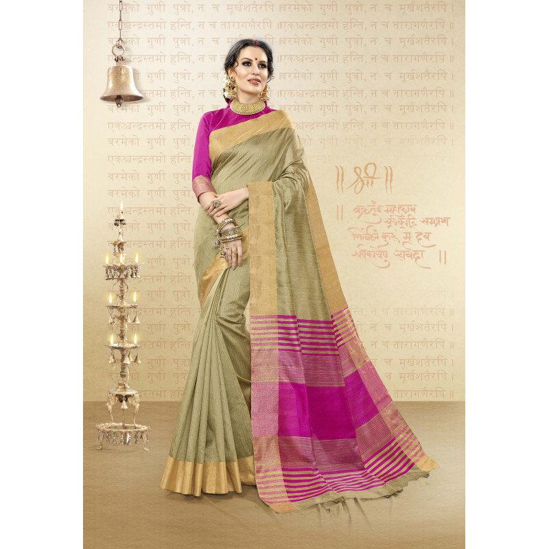 Divine Beige Cotton Handloom Silk Saree with Pink Blouse
