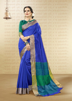 Flamboyant Blue Cotton Handloom Silk Saree with Green Blouse