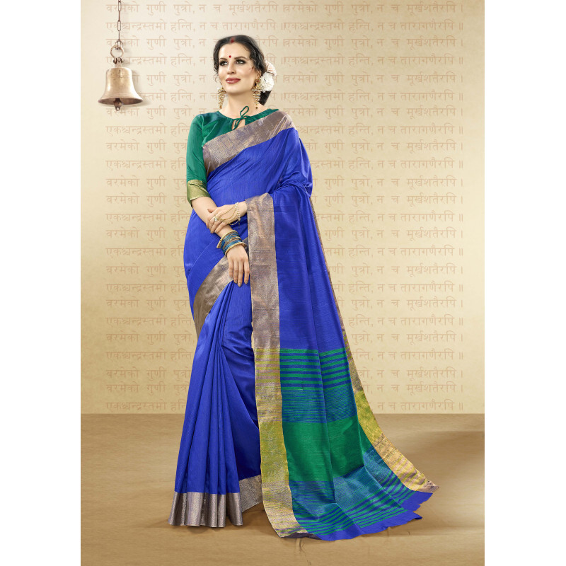Flamboyant Blue Cotton Handloom Silk Saree with Green Blouse